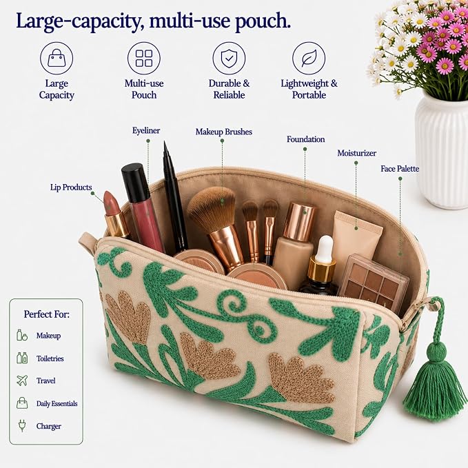 Huar Travel Makeup Bag- Large Capacity Cosmetic Bags for Women - Water Resistance Lining Portable Pouch & Open Toiletry Bag - Perfect Girls Makeup Organizer for Travel Essentials (Beige) - Image 2