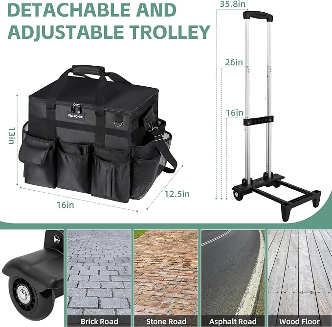 Large Rolling Cleaning Caddy Bag with Wheels, with Detachable Trolley, Cleaning Bags on Wheels for Housekeepers, Cleaning Cart Supplies Organizer for Home, Car, Picnic (Black) - Image 2