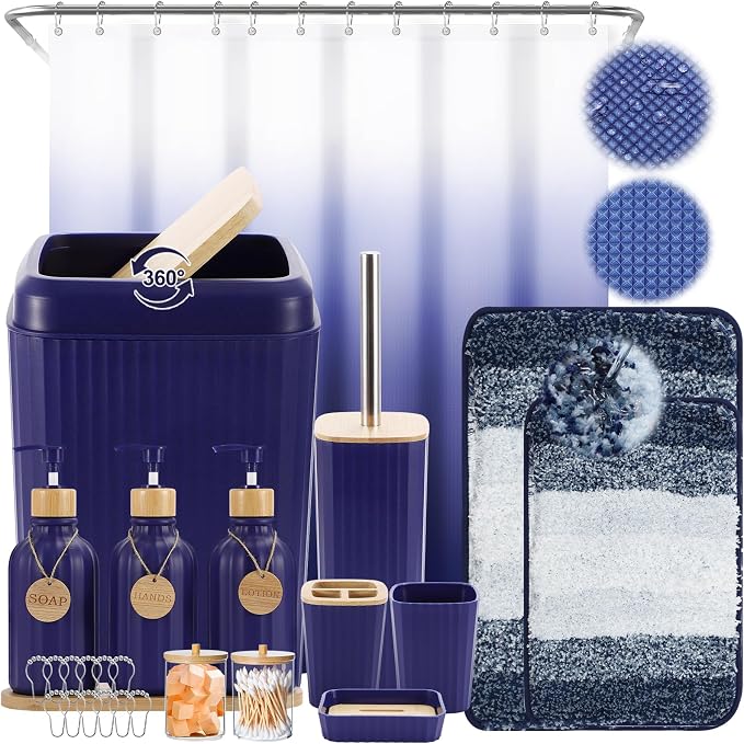 XLHOMO 32PCS Bathroom Sets with Shower Curtain and Rugs Navy Blue Shower Curtain Set 3PCS Soap Dispenser Bathroom Accessories with Bathroom Trash Can by BetterbathroomwithXLHOME