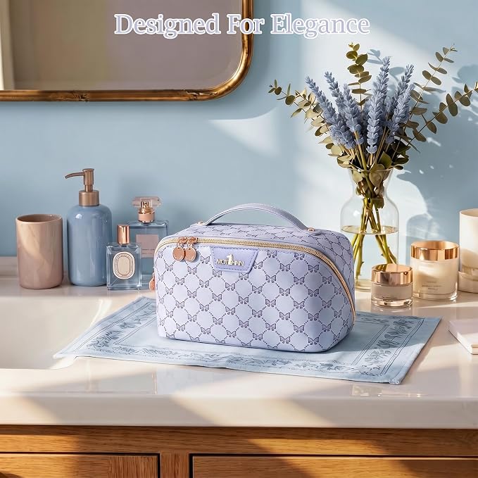Travel Makeup Bags for Women: 3 Pcs Set Luxury Bow Print Make up Bag - Large Capacity Cute Cosmetic Case - 3–15 Day Travel Toiletry Organizer Bag, Comes with An Gift Box(cerulean blue) - Image 7
