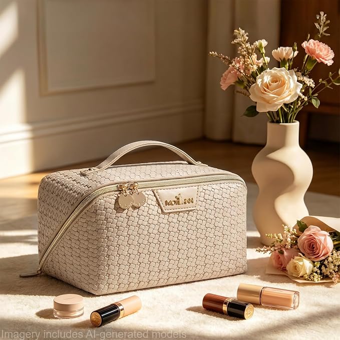 Travel Makeup Bag for Women: Designer 3 Pcs Set Cosmetic Bags for Women - Large Capacity Vagen Leather Hand-made for Toiletry Organizer - Ladies Travel Flat Open Essentials for Luxury (05White) - Image 2