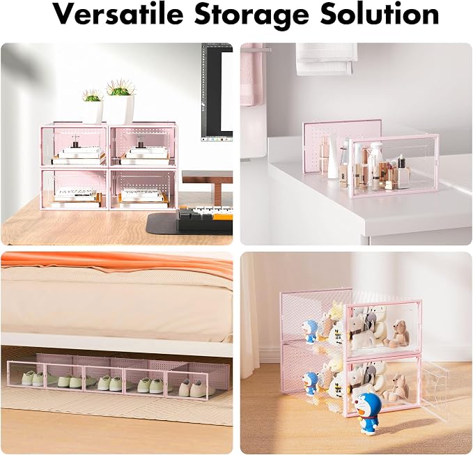 Foluck Shoe Storage Box, 15 Pack Clear Plastic Stackable Organizer for Closet, Interlocking Design Shoes Container Bins for Sneakers, Foldable Shoe Rack with Lids, Pink - Image 6
