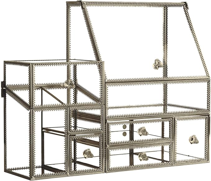Luxury Glass Makeup Organizer Antique Bronze Metal Frame, Clear Vanity Countertop Storage Case for Cosmetics, Skincare, Perfume, Jewelry, Brush Holder & Drawers for Bathroom, Bedroom, Dressing Table - Image 6