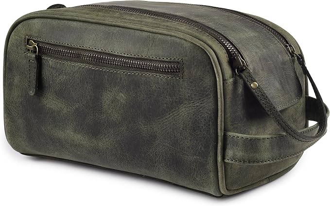 LEATHER VILLAGE Genuine Leather Toiletry Travel Pouch With Waterproof Lining - Olive | King-Size Handcrafted Vintage Dopp Kit Bag, Shaving & Bathroom Organizer, Gift for Men & Women by LeatherVillage