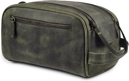 LEATHER VILLAGE Genuine Leather Toiletry Travel Pouch With Waterproof Lining - Olive | King-Size Handcrafted Vintage Dopp Kit Bag, Shaving & Bathroom Organizer, Gift for Men & Women by LeatherVillage