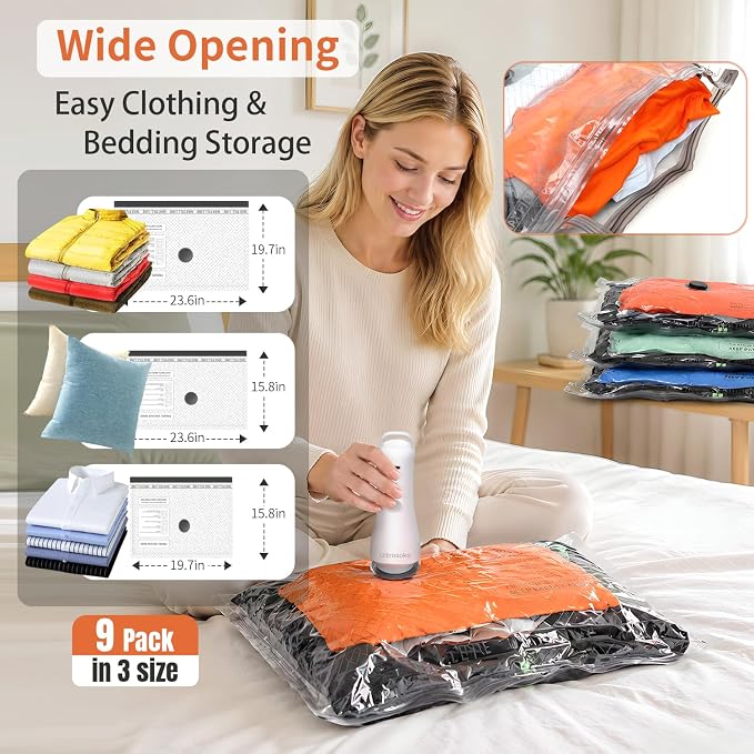 Vacuum Seal Bags for Clothing Travel Space Saver Storage with Pump Electric | Vacuum Storage Bags for Clothes, Luggage, Suitcase, Seasonal Storage Compression Packing Organizer, 9 Combo Travel Size - Image 7