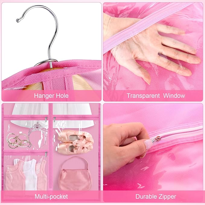 6 Pcs 24'' x 50'' Clear PVC Garment Bag Dance Costume Competition Bag with Rack Zippers Pockets Hanging Garment Covers Costume Organizer Carrier for Adults (Pink) - Image 3