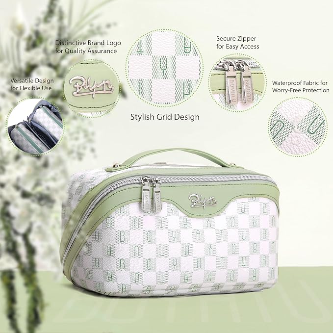BOYATU Travel Makeup Bag Organizer Cosmetic Bag: 3 Pcs Set Make up Bags for Women with Handle - Waterproof Vegan Leather Toiletry Bags Travel Essentials Pouch with Compartments (H-06-Green) - Image 4