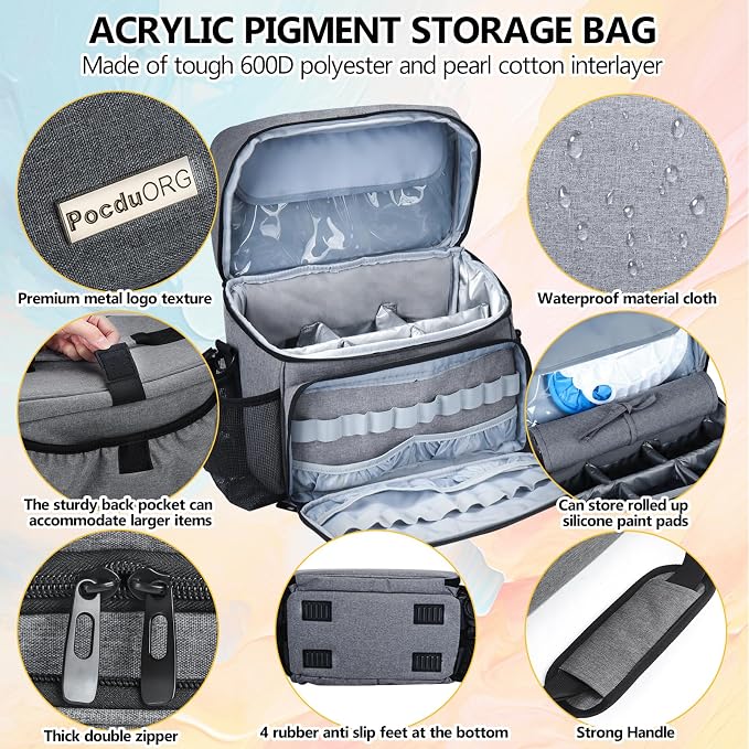 Acrylic Paint and Brush Set Organizer Bag - Carrying Case Compatible with Apple Barrel, Shuttle Art, Caliart Art Supplies - Includes Detachable Paint Brush Holder - for Travel/Outdoor Sketching (Gray) - Image 2