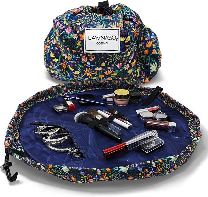 Lay-n-Go Cosmo Layflat Drawstring Cosmetic & Makeup Bag Organizer - Portable Drawstring Makeup Bag w/Zipper Pocket, Loops & More -Durable, Machine Washable Toiletry Bag (20", Butterfly Small Floral) by Lay-n-Go