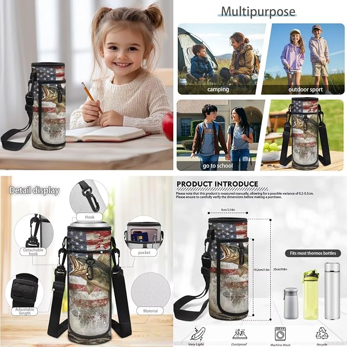 Bass Fishing Backpack 4 Pieces American Flag School Backpack with Lunch Bag Handbag Pencil Case Water Bottle Sling Bag Elementary Middle Rucksack Travel Bookbag - Image 7