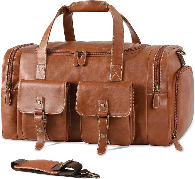 Zeroway PU Leather Travel Duffel Bag with Shoe Pouch Large Carry on Bag Waterproof Weekender Overnight Bag for Men Women Brown by ZerowayDirect