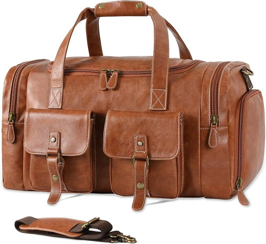 Zeroway PU Leather Travel Duffel Bag with Shoe Pouch Large Carry on Bag Waterproof Weekender Overnight Bag for Men Women Brown by ZerowayDirect