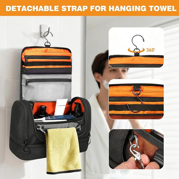 TANGCORLE Toiletry Bag for Men, Handing Travel Toiletry Organizer Protable Water Ressistant Bathroom Shaving Bags for Toiletry Accessories, Travel Essentials (black with orange) - Image 4