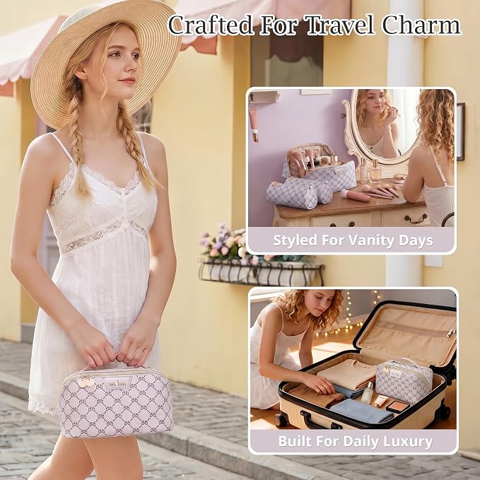 Travel Makeup Bags for Women: 3 Pcs Set Luxury Bow Print Make up Bag - Large Capacity Cute Cosmetic Case - 3–15 Day Travel Toiletry Organizer Bag, Comes with An Gift Box(Moon mist gray) - Image 2
