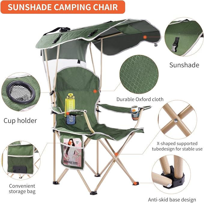 VTOY Portable Camping Chair with Canopy - Folding Chair with Canopy, Durable 600D Oxford Canopy Chair for Camping, Beach, Picnics, Fishing & Sports - Image 6