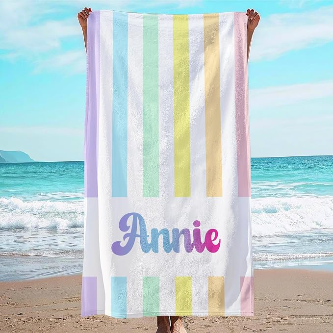 JML Personalized Beach Towel with Name, Custom Rainbow Cabana Stripe Beach Towel, Customized Microfiber Pool Towel, Quick Dry & Absorbent Swim Towel for Adult,Anniversary, Birthday, Summer Holiday by JML