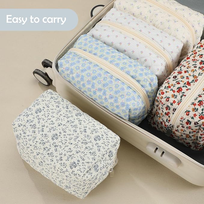 6 Pcs 8 Inch Large Quilted Makeup Bag Bulk Floral Cosmetic Bag Bridesmaid Gifts Women Floral Cotton Quilted Pouch Travel Toiletry Coquette Aesthetic Makeup Organizer for Women - Image 4