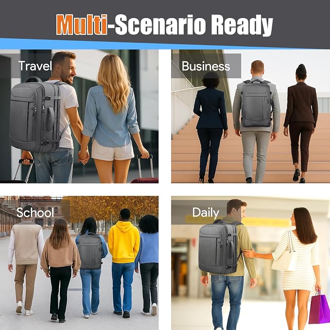 Expandable Carry on Backpack 45L-55L, Extra Large Travel Backpack Hiking Camping Rucksack with Waterproof Wet Pocket, Anti-Theft 18.4 Inch Gaming Laptop Bag for Road Trip Outdoor Sports, Grey - Image 9