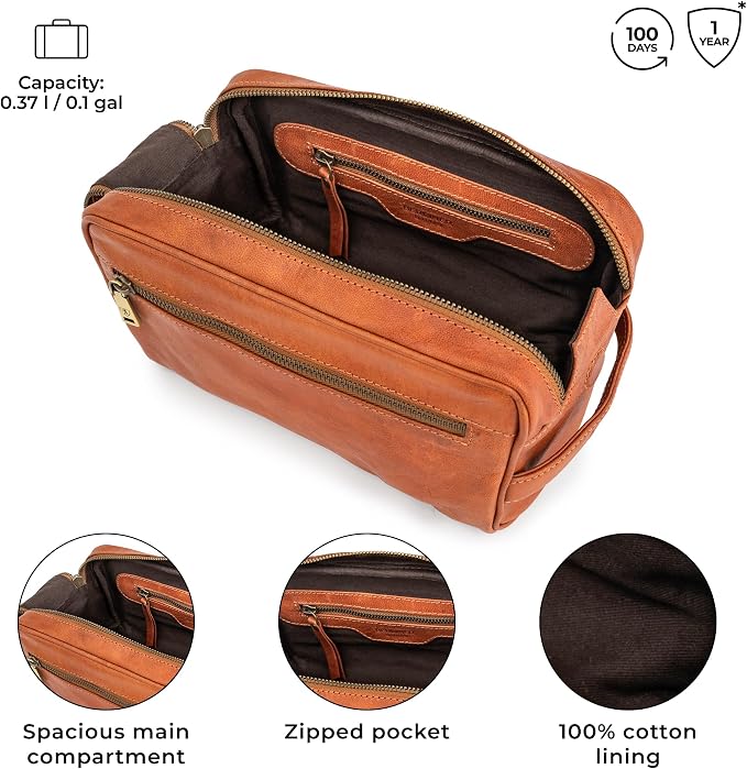 BERLINER BAGS Vintage Genuine Leather Toiletry Bag Tim M, Large Capacity Cosmetics Bag for Men and Women for Travel, Gift for Dad - Brown - Image 4