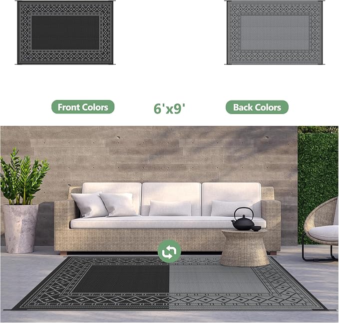 GENIMO Outdoor Rug Waterproof 6'x9' for Patio, Foldable Reversible Plastic Straw Carpet for Travel Trailers, Outside Area Mat for Rv, Deck, Picnic, Porch, Camper, Balcony, Beach, Black & Grey | Outside Larger Modern Carpet Mat for Porch Decor, Deck, Ba... - Image 4