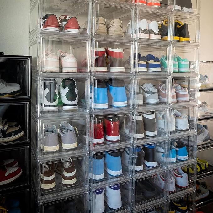 12 Pack Shoe Boxes, Rigid Clear Acrylic Panels Sneaker Display Cases | Magnetic Stackable Drop Front Shoe Storage Container Fits Men’s Size 15 - Image 8