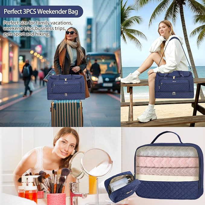 Wogarl 3PCS Weekender Bags for Women Large Overnight Bag Weekend Travel Duffel Bag Carry on Shoulder with Shoe Compartment Canvas Toiletry Bag for Travel Business Gym,Dark Blue - Image 5