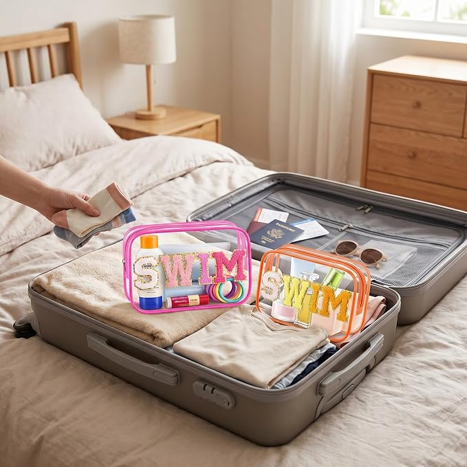 Kacctyen 20 Pcs Clear Swim Bags Chenille Letter Patch Makeup Pouch Beach Pool Toiletry Bags Waterproof PVC Preppy Cosmetic Purse Organizer with Zipper for Travel Women Girl Swimmer Essential Team Gift - Image 6
