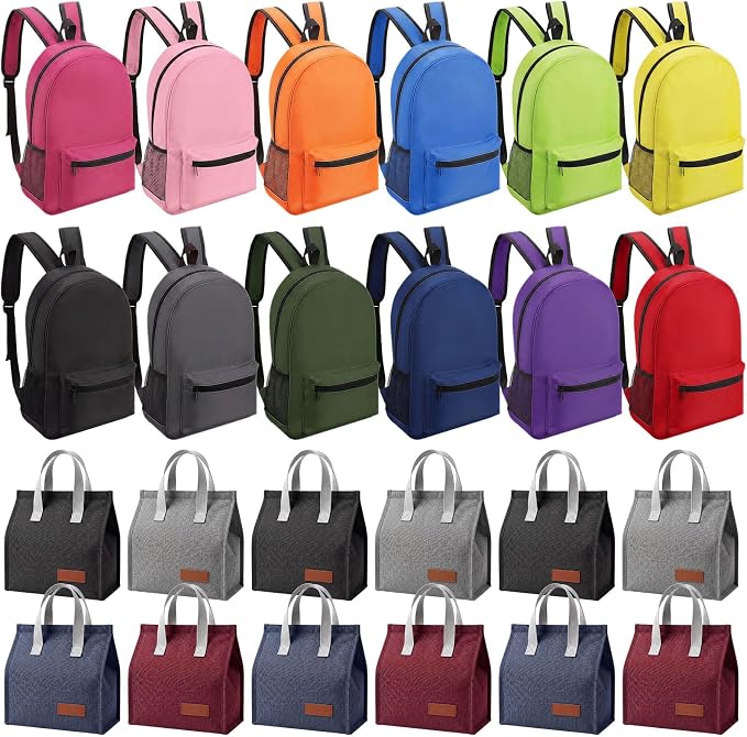 24 Pcs 17" Backpack and Lunch Bag Set, Bulk Backpacks Reusable Insulated Lunch Pouches for Office, Summer Camping, Travel, Gym, Corporate Events, Homeless Donation, 12 Assorted Colors by Unknown