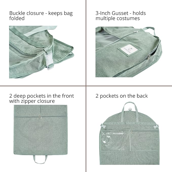Waterproof Hanging Garment Bag 52 inch Deluxe Clothes Bag with Gusset, 4 Pockets & Side Zip for Dance Costumes, Sports, Skating, Theatre, Beauty Pageants & More by Kendall Country (Moss) - Image 3