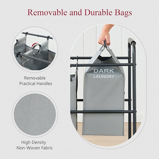 Tajsoon Laundry Sorter, 5 Section Laundry Hamper, Laundry Cart, Grey | 65 Gal Laundry Basket Organizer with Heavy Duty Lockable Wheels and Metal Handle, Large Clothes Hamper for Bathroom, Bedroom - Image 5