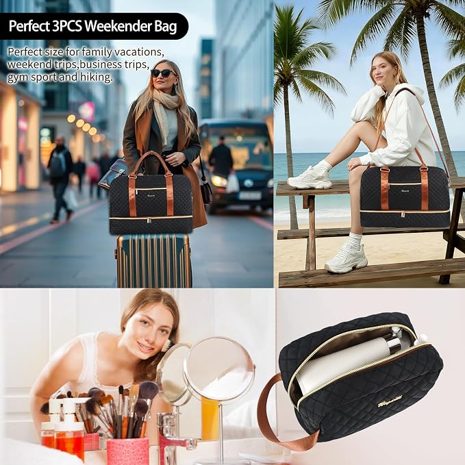 Wogarl 3PCS Weekender Bags for Women Large Overnight Bag Weekend Travel Duffel Bag Carry on Shoulder with Shoe Compartment Canvas Toiletry Bag for Travel Business Gym,Black - Image 6