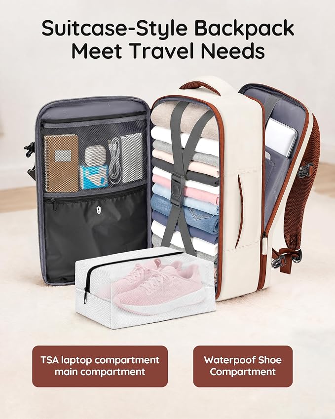 Taygeer TSA Approved Under Seat Backpack, 35l College Backpack for Women | Personal Item Bag for Airplanes Fits 15.6 Inch Laptop, Travel Bag with Water Bottle Pocket & Shoe Pouch, Khaki White - Image 4