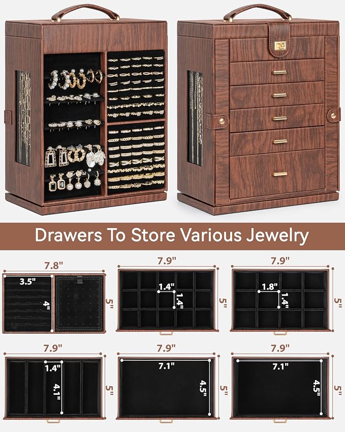 AKOZLIN 6-Tier Jewelry Box Organizer Functional 5 Drawers Leather Jewelry Storage Case for Women Girls Ring Necklace Earring Bracelet Holder Organizer with Mirror XL Red 360° Rotating - Image 3