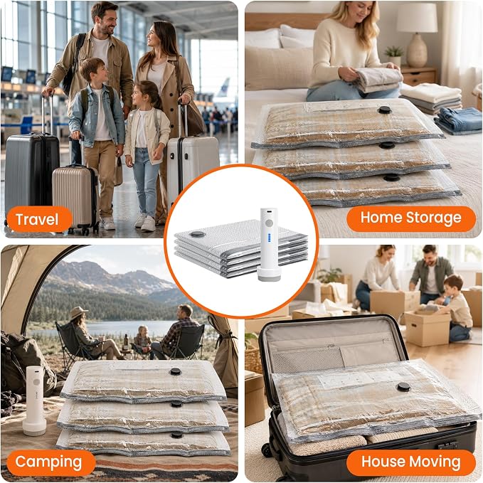 Vacuum Storage Bags for Travel, 12 Pack Vacuum Seal Bags for Clothing With Cordless Electric Pump, Space Saver Bags for Luggage, Clothes, Ideal for Home, Seasonal Storage - Image 5