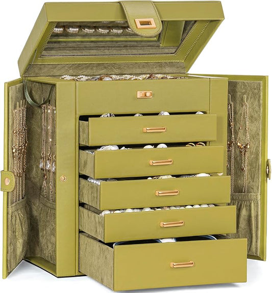 AKOZLIN 6-Tier Jewelry Box Organizer Functional 5 Drawers Leather Jewelry Storage Case for Women Girls Ring Necklace Earring Bracelet Holder Organizer with Mirror Medium Green by AKOZLIN