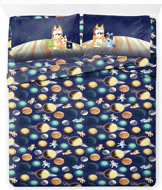 Jay Franco Kids Sheet Set with Fitted, Flat Sheets & Pillow Cover - Ultra-Soft Bedding with Pillowcase for Room Decor, Blue - Bluey & Bingo, 4 Piece Queen by JayFranco