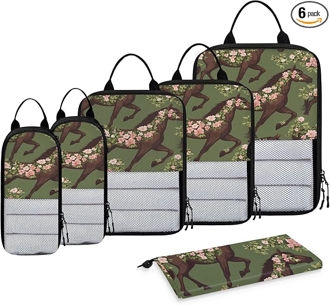 Floral Horse 6 Set Compression Packing Cubes for Travel Luggage Carry On Suitcase Compressible Expandable Packing Cubes Organizers Bag by BICUUZHI