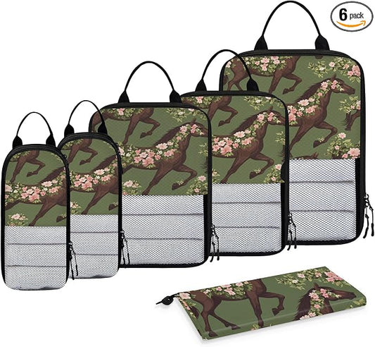 Floral Horse 6 Set Compression Packing Cubes for Travel Luggage Carry On Suitcase Compressible Expandable Packing Cubes Organizers Bag by BICUUZHI