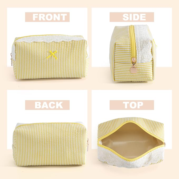 Makeup Bag Travel Toiletry Bag for Women, Small Cosmetic Bags with Lace Trim Cute Yellow Stripe Aesthetic Organizer Makeup Pouch for Purse Emergency Bag Pencil Case Accessory Bag - Image 4