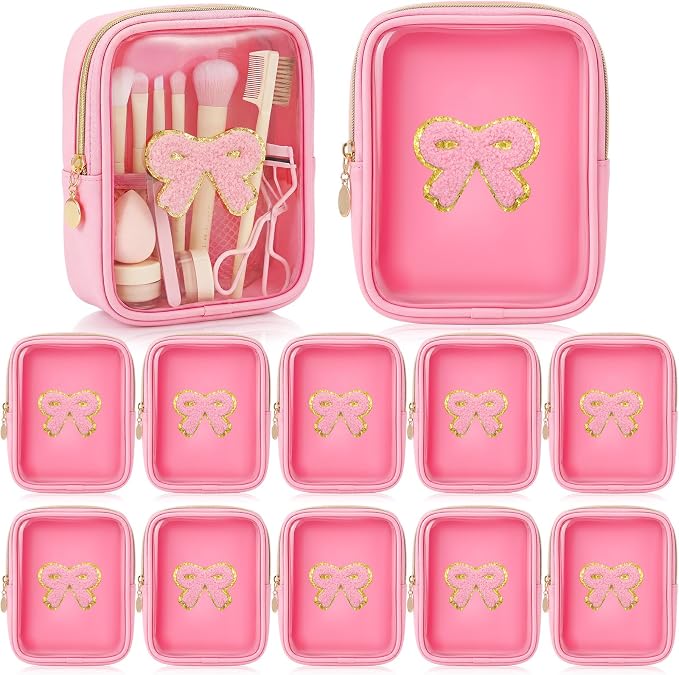 12 Pcs Pink Bow Makeup Bags, Bulk Coquette Cosmetic Bag with Zipper for Women, PVC Pink Bow Clear Makeup Bags, Travel Zipper Pouch for Bridal Shower Birthday Bachelorette for Team Stuff by Unknown