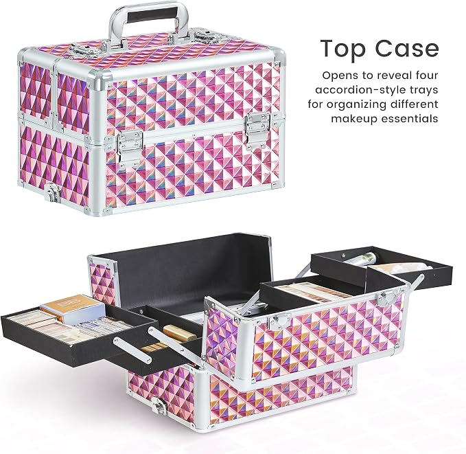 Yaheetech 4 in 1 Rolling Makeup Train Case, Glitter Pink Cosmetology Cart | Extra large diamond-finish aluminum train case with a lock, detachable tiers, and accordion trays keeping makeup organized - Image 6