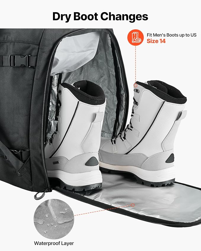 VEVOR Ski Boot Bag, Snowboard Boots Travel Backpack for Men Women, with Waterproof Exterior & Bottom, Durable 1680D Oxford, Bag for Skis, Snowboard, Helmet, Goggles, Gloves, Accessories - Image 5