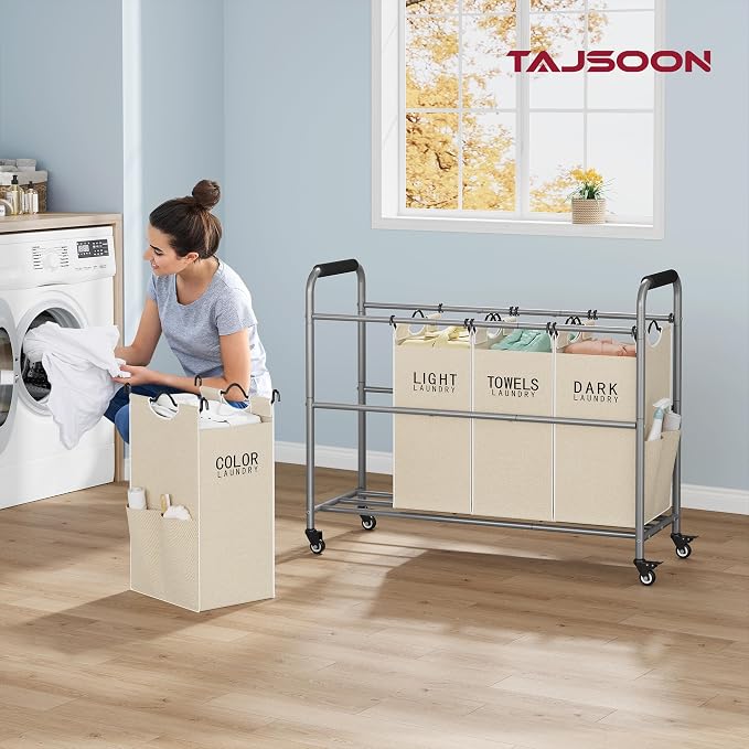 Tajsoon 4 Bag Laundry Sorter Cart, Laundry Sorter 4 Sections, Beige | Laundry Hamper Sorter with Heavy Duty Lockable Wheels, Laundry Separator with Removable Bags, Bedroom, Laundry Room, Bathroom - Image 2