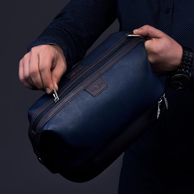 Vetell Leo Large Leather Men's Travel Toiletry and Shaving Case Bag with Upper and Lower Zippered Compartments, 3 Interior Loops and Carrying Handles - Image 7