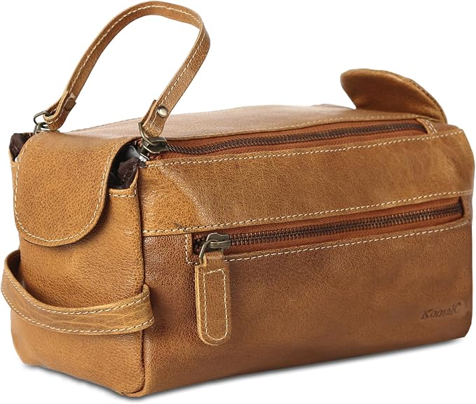KomalC Premium Buffalo Leather Toiletry Bag for Men & Women With Water resistant Lining, Grooming Travel Pouch, Unisex Wash Bag for Toiletries, Gifts for Men and Women by KomalC