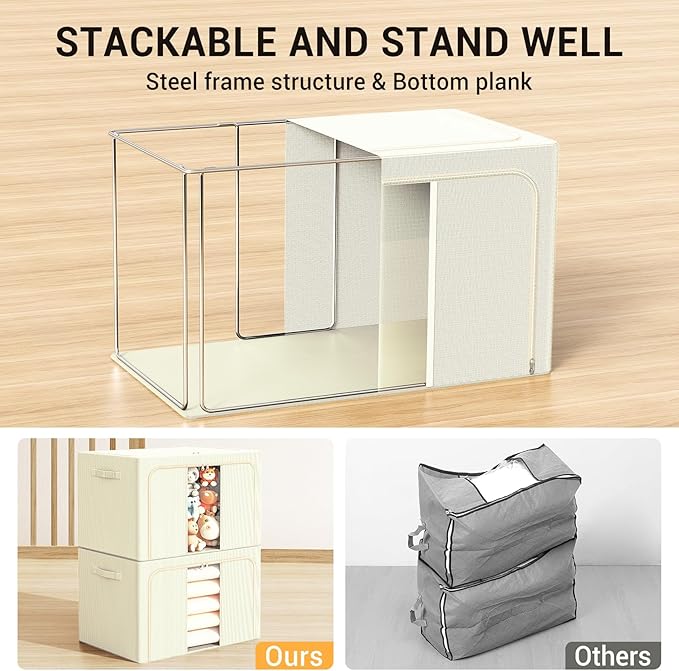 Clothes Storage Bins with Metal Frame, Foldable Clothes Organizers Storage Containers for Clothes, Sheets, Blankets, Pillows and Towels (66L, 3 Pack) Beige - Image 3