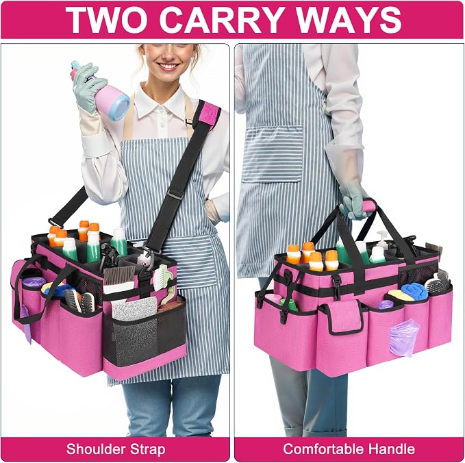 Cleaning Caddy Bag,Extra Large Cleaning Supplies Organizer with Handle for Housekeepers,Rose Red - Image 5