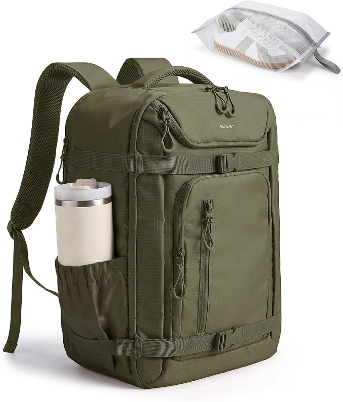 BAGSMART 35L Travel Backpack for Women & Men Fits 17-Inch Laptop, Airline Approved Carry On Backpack with Wet Pocket & Shoe Pouch, Water-Resistant Personal Item Travel Bag, Olive green by BAGSMART