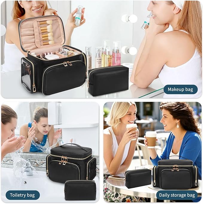 Makeup Bag Set, Portable Travel Makeup Bag Organizer for Women Cute Cosmetic Pouch Large Capacity with Makeup Brush Compartment, Cosmetic Travel Bag with Divider and Handle Toiletry Bag - Black - Image 7